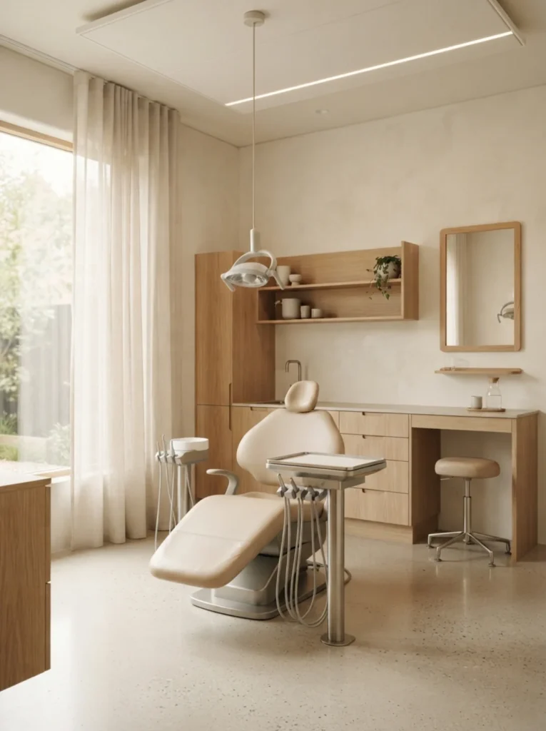 Treatment room at Lumen Dental Studio, daylight on wood and linen